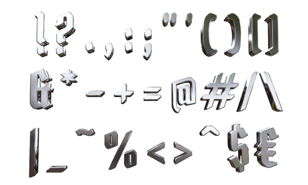 Futuristic black liquid metal 3D liquid metal punctuation marks and special symbols set in Y2K aesthetic