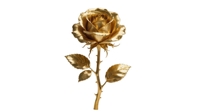 Isolated elegant golden rose with shiny metallic petals, stem, leaves, and sharp thorns