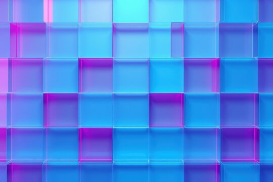 Abstract grid pattern. Blue, purple hues create cubical illusion. Modern digital design, vibrant colors, geometric shapes dominate composition.