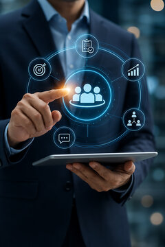 Businessman using tablet with glowing customer network interface target analytics checklist and team management icons for crm strategy concept in corporate office environment