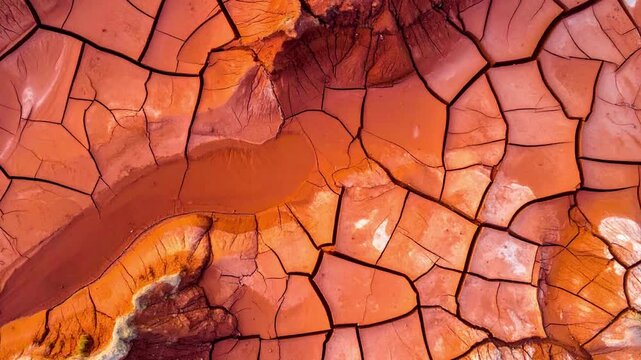 Abstrakter unendlicher Zoom-Out aus einem ausgetrockneten W&uuml;stenlehmbecken, hypnotische geometrische Trockenrisse-Kacheln in kr&auml;ftigem Terrakotta und tiefen Oranget&ouml;nen, 4K-Loop