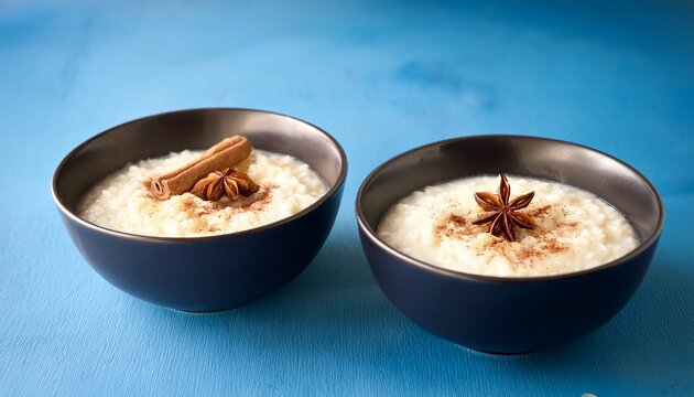 vertical format creamy rice pudding with cinnamon and raisins served in dark bowls on a blue background