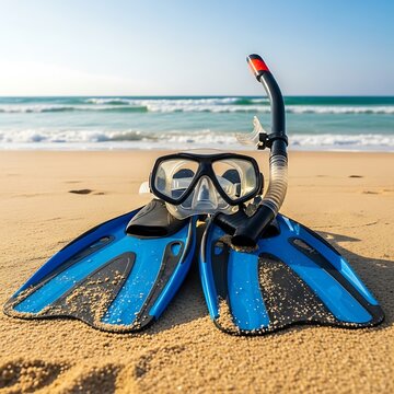 Blue Snorkeling Gear Resting on Sandy Beach Beside Ocean Waves