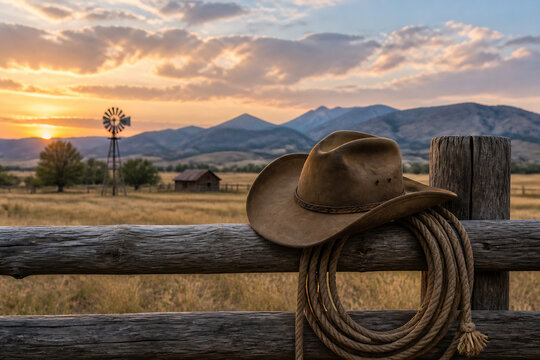 A cowboy hat rests on a wooden fence overlooking a rural landscape at sunset with mountains in the background.