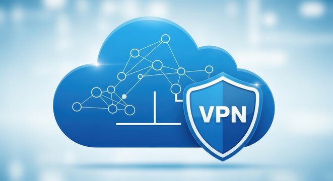 Blue cloud vpn network security icon with shield