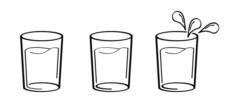Water glass, drinking glass. Glasses water cup or glass of water. Empty glasses. For clean water drink. Summer drank. Line pattern. Full and empty cup.