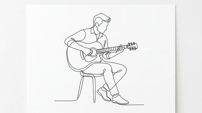 continuous line drawing of a man playing acoustic guitar