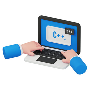 3D rendering of hands typing C++ programming code on laptop for software development