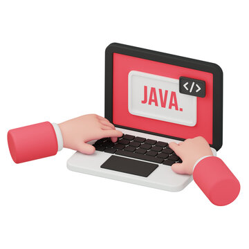 3D rendering of hands typing Java programming code on laptop for software development