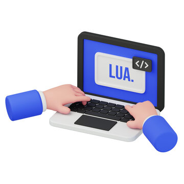 3D rendering of hands typing Lua programming code on laptop for game development