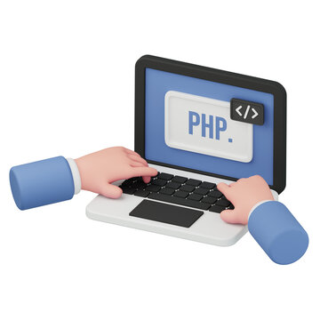 3D rendering of hands typing PHP code on laptop for back end web development