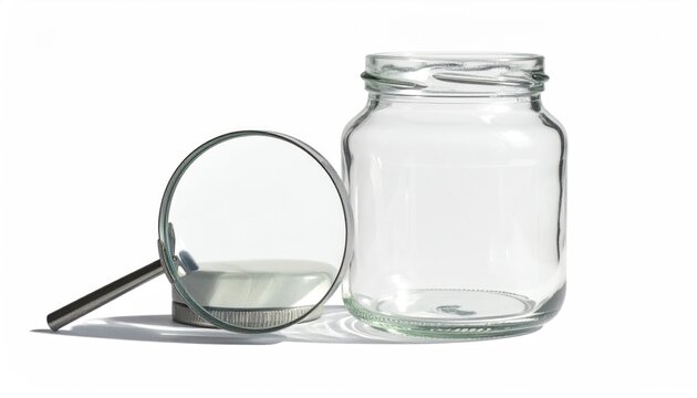 Magnifying glass over empty glass jar lid isolated on white background conceptual close-up