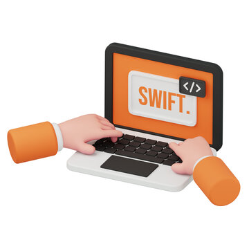3D rendering of hands typing Swift programming code on laptop for ios app development