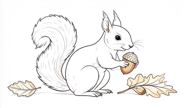 Adorable white squirrel sitting with acorn surrounded by autumn oak leaves outlined illustration