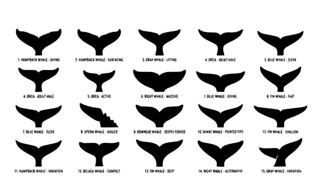 Detailed chart of whale tail silhouettes labeled by species and behavior including humpback and orca isolated on white background for scientific reference and marine biology graphic design