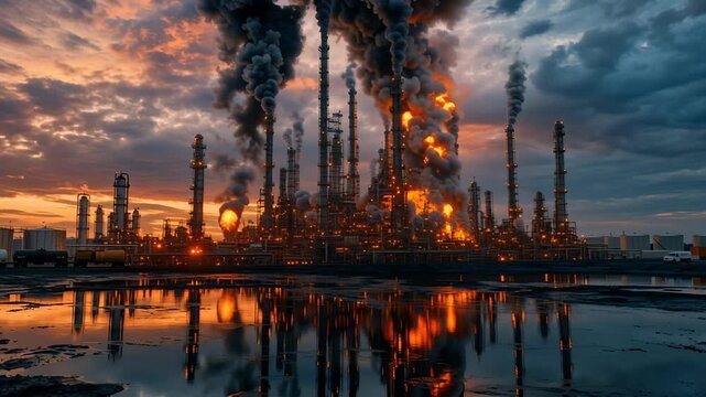 A dramatic and foreboding scene of a large petrochemical complex at dusk, with multiple towering chimneys spewing thick, dark smoke into an overcast sky. Flames and lights illuminate