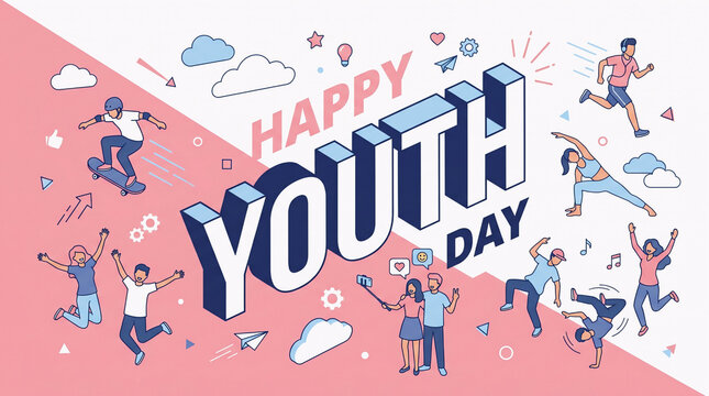 Flat vector illustration celebrating Happy Youth Day featuring large 3D typography and diverse young people engaged in activities like skateboarding, running, yoga, dancing, and taking selfies.