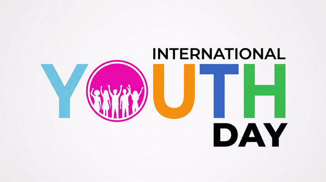Vibrant International Youth Day design featuring colorful letters and silhouettes of diverse young people celebrating together. Perfect for youth events, campaigns, and international day celebrations