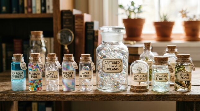 Whimsical glass bottles filled with colorful bubbles and foams on a wooden table