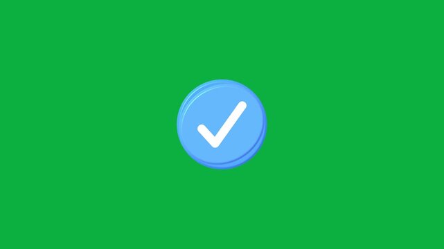 3d blue button with a white checkmark animation symbol success and confirmation motion animation on green background.