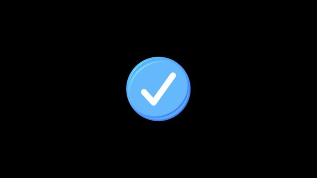 3d blue button with a white checkmark animation symbol success and confirmation motion animation on black background.