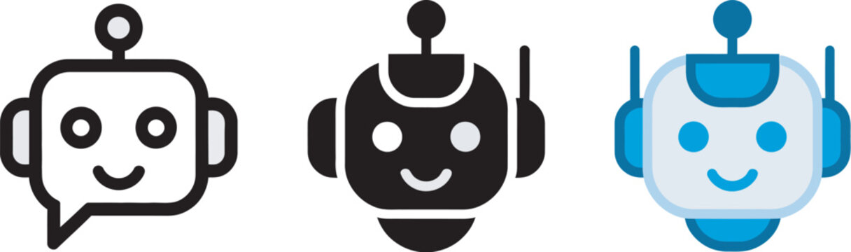 Chatbot icon, virtual assistant logo and AI bot symbol isolated collection representing artificial intelligence, automated customer support, conversational assistants and smart communication for UI, 