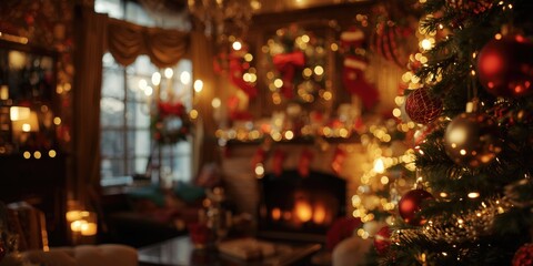 Obraz premium Traditional Christmas interior design with colorful ornaments and sparkling lights