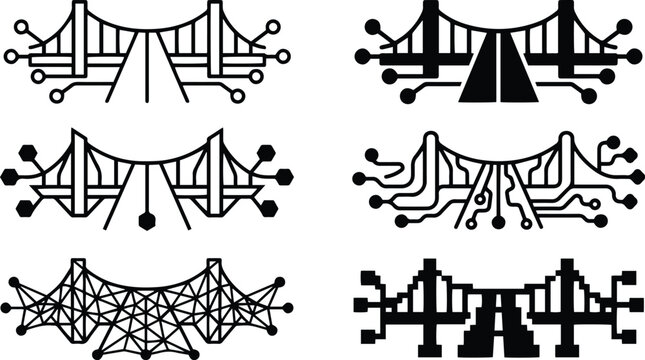 Black and white digital bridge icon collection showing network connection infrastructure technology data link communication and smart transportation symbols set