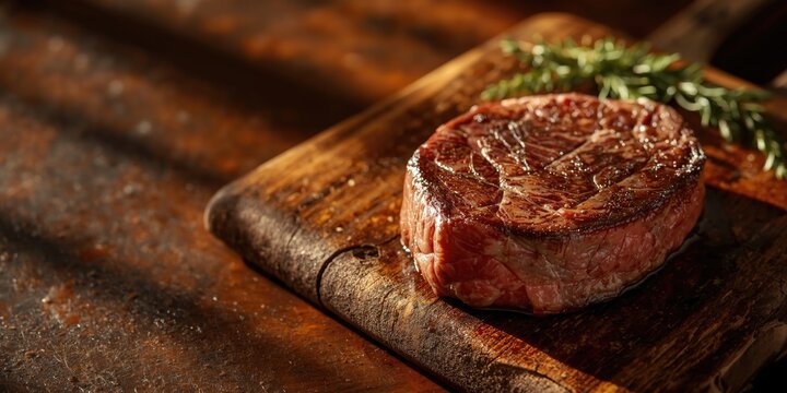 Raw steak on a wooden cutting board with rosemary sprig