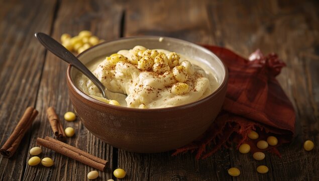 Creamy dessert topped with crunchy snacks in a bowl