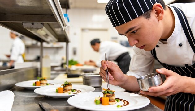 Young male chef using tweezers to plate a gourmet dish in a professional restaurant kitchen, culinary precision and fine dining preparation for hospitality and catering