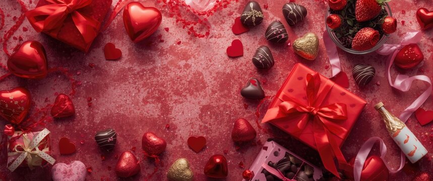 Valentine's Day gifts and treats on red background