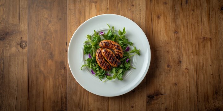 Seasoned skinless cevapcici served with aromatic herb salad on white plate over wooden surface