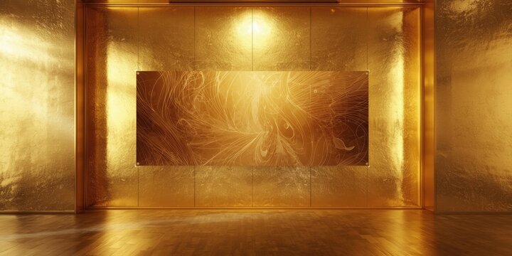 Golden gallery interior with abstract artwork on the wall