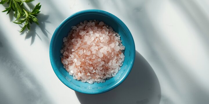 Pink salt in a turquoise bowl on a white surface