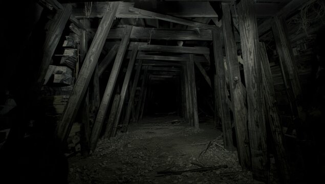 Vacant mining shaft featuring a forest of timber supports below ground