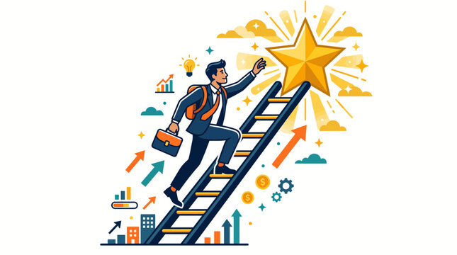 Business People Team Silhouette Vector Illustration with Businessman and Businesswoman Running and Climbing Up Arrow Symbolizing Success Growth Leadership and Achievement