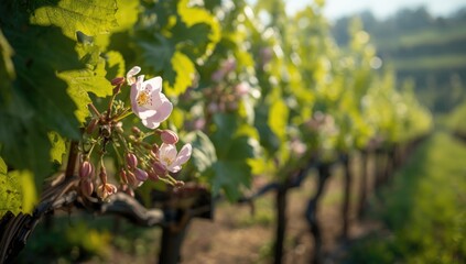 Fototapeta premium Vineyard rows with blooming grape flowers in sunlight