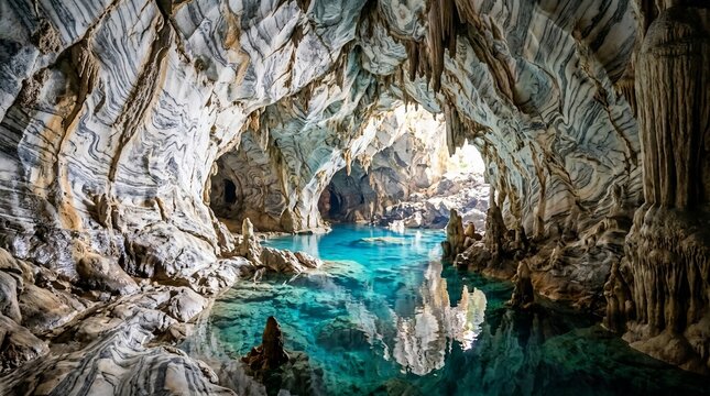 Stunning underground cave with turquoise water and marble walls