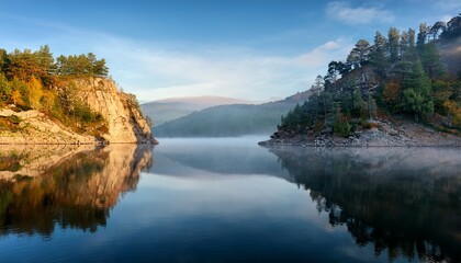 Fototapeta premium Calm Bureya Reservoir With Rocky Cliffs Misty Forested Hills And Smooth Reflective Morning Water