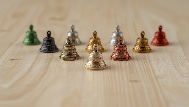 Macro perspective of small handbells arranged on a tabletop