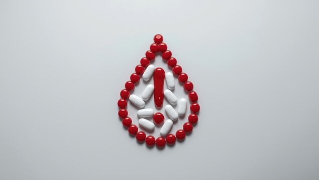 Red and white pills arranged in a blood drop shape