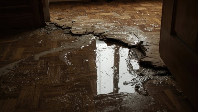 Water damage on wooden floor in a room