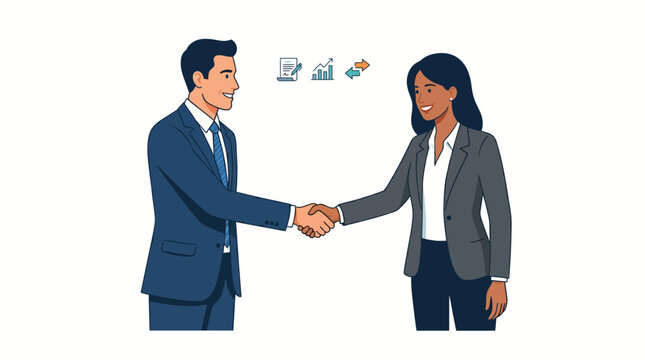 Business people shaking hands in office symbolizing agreement, teamwork and success between businessman and businesswoman during a professional meeting