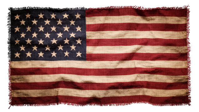 Isolated distressed American flag with frayed edges and texture, patriotic symbol.