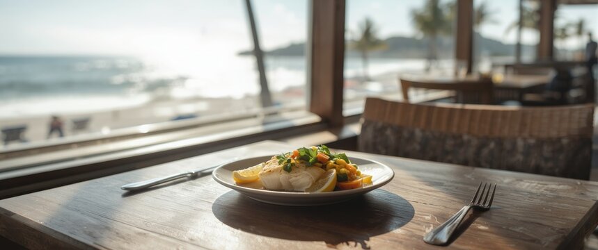 Dish of grilled fish with lemon on a wooden table by the beach