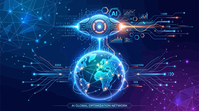 Abstract Blue Technology Background with Glowing Digital Earth Globe Network Stars and Space Universe for Global Business Science and Internet Concept