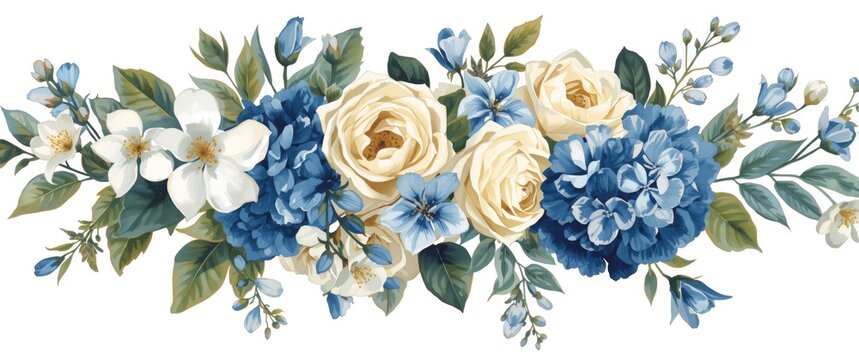 Floral arrangement with blue and cream roses and white flowers