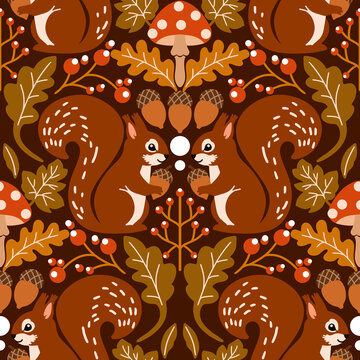 Cute autumn squirrels and mushrooms woodland forest animals seamless pattern with oak leaves and berries for textile wallpaper and backdrop wrapping paper surface design