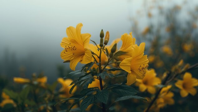 Yellow flowers blooming in a foggy landscape